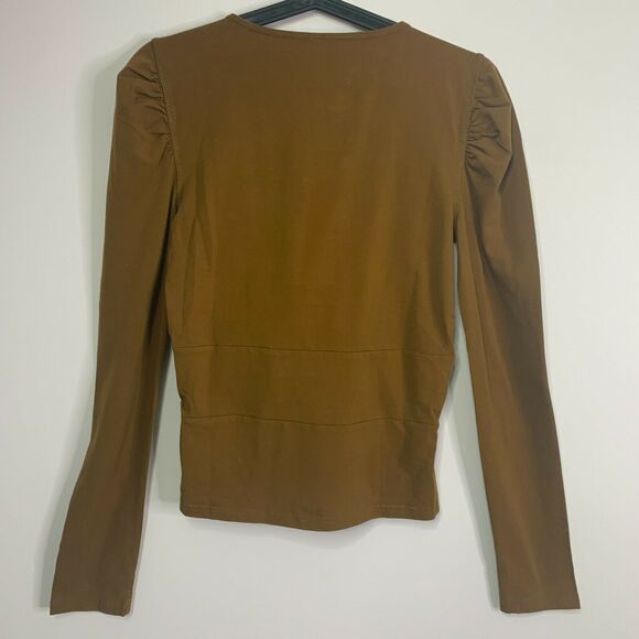 Free People Crop Top Tan Bow‎ Ruffle Deep V-Neck Long Sleeve Women's Size Medium - Picture 7 of 8